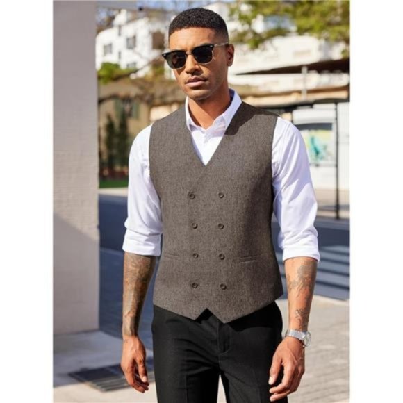 Men's Double Breasted Suit Vest Lightweight Brown - Picture 2 of 5